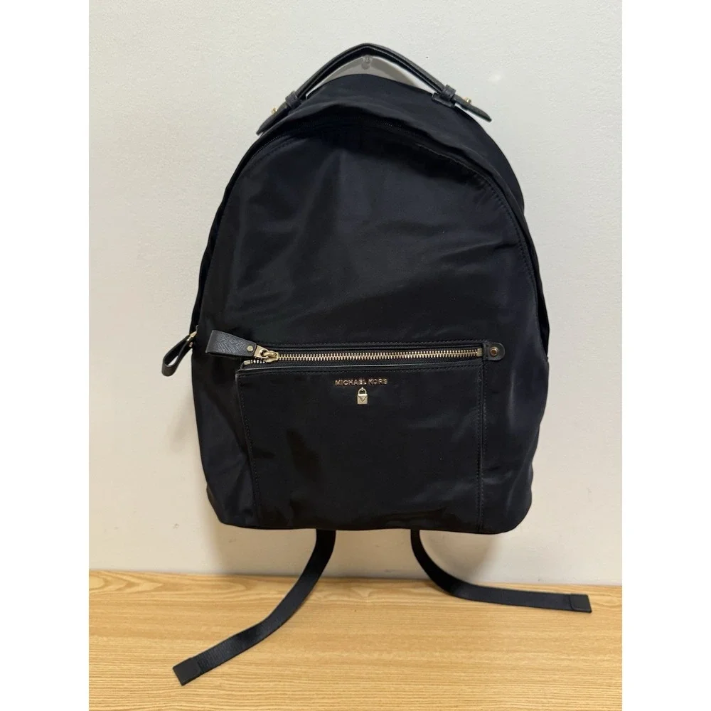 Michael Kors Kelsey‎ Black Nylon Saffiano Leather Trim Zip Shoulder Bag Backpack
